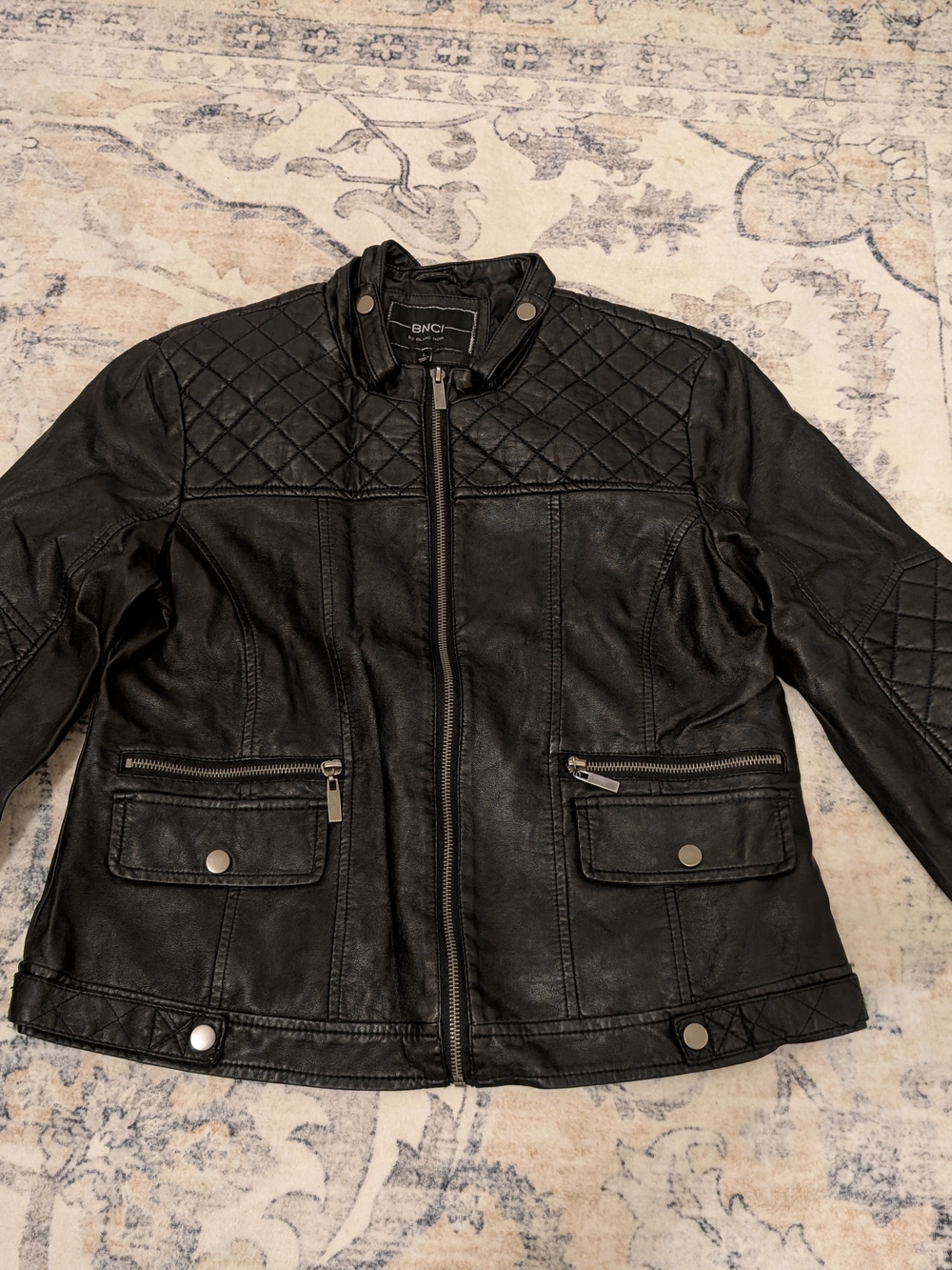 BNCI Blanc Noir Black Quilted Faux Leather Moto Jacket